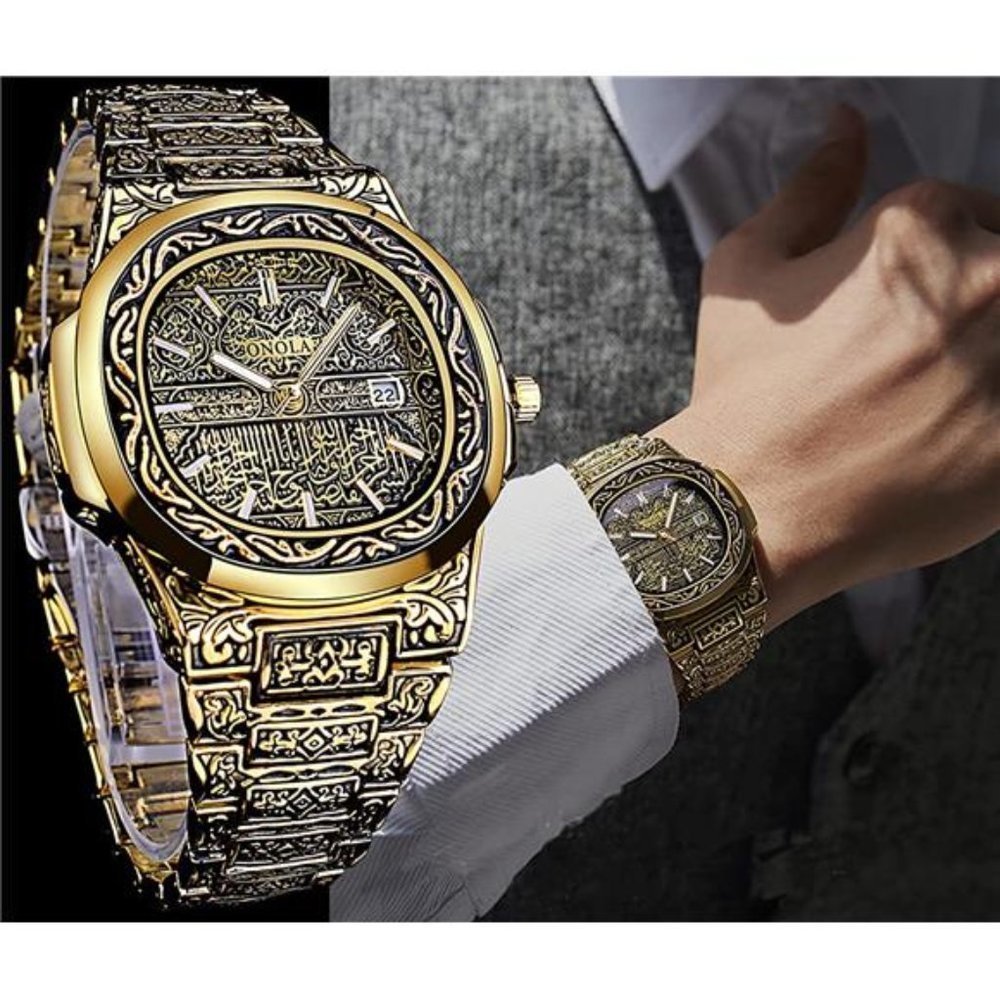 Mens Carved Pattern Luxury Gold Watch